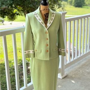 Elegant Green St. John Skirt Suit with Gold Buttons